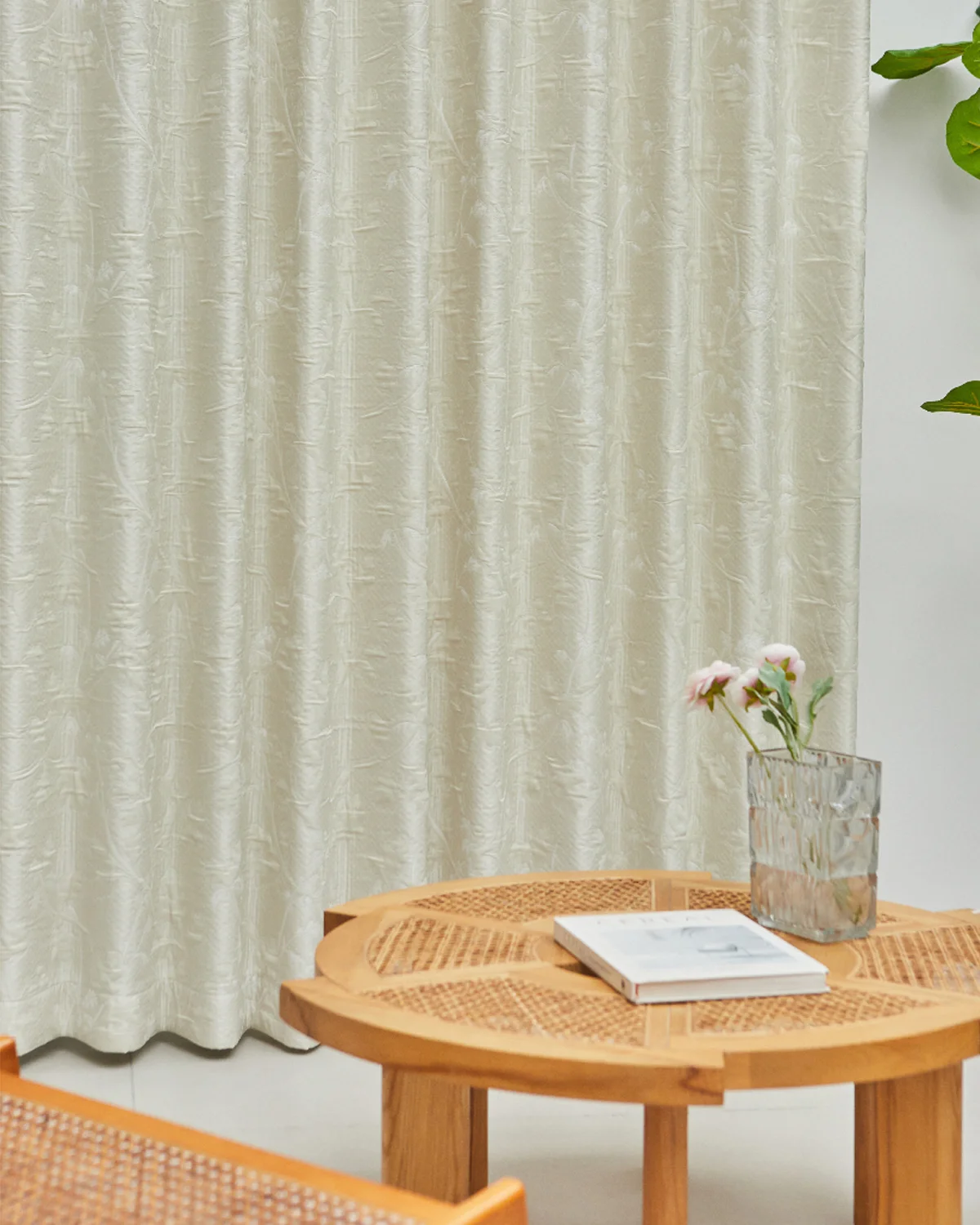 Silent Vine Jacquard Curtain in a styled room scene, subtle botanical relief texture