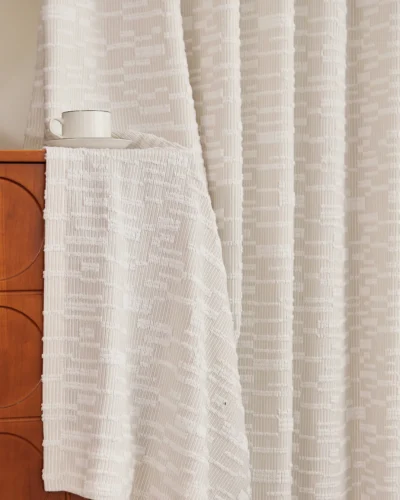 Ivory Trellis Curtain – Soft Grid Jacquard S-Curve, sheer texture detail by the window