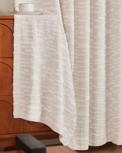 Ivory Trellis Curtain – Soft Grid Jacquard | S-Curve, hem detail and soft drape