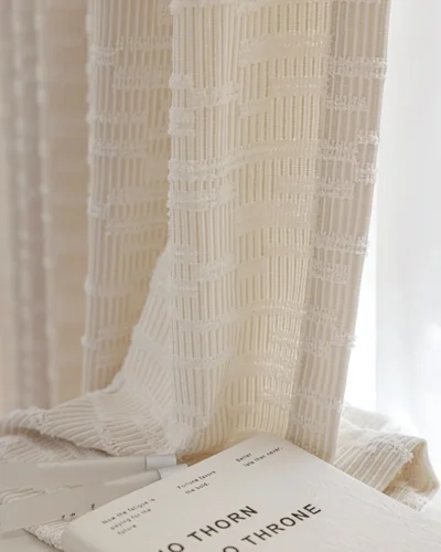 Ivory Trellis Curtain – Soft Grid Jacquard | S-Curve, light-filtering sheer look by the window
