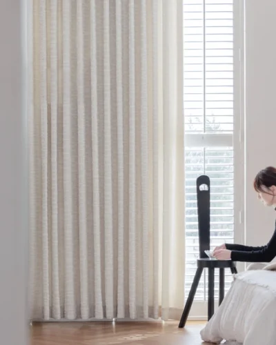 Ivory Trellis Curtain – Soft Grid Jacquard | S-Curve, full-length light-filtering curtains in a bright room