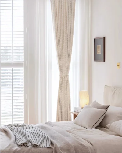 Ivory Trellis Curtain – Soft Grid Jacquard in bedroom | S-Curve