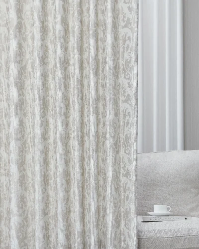 Mist Garden grey damask curtain close-up in living room, tonal woven texture, soft light-filtering drape