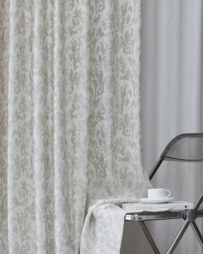 Mist Garden grey damask curtain floor-length drape detail, soft light-filtering tonal texture in modern room