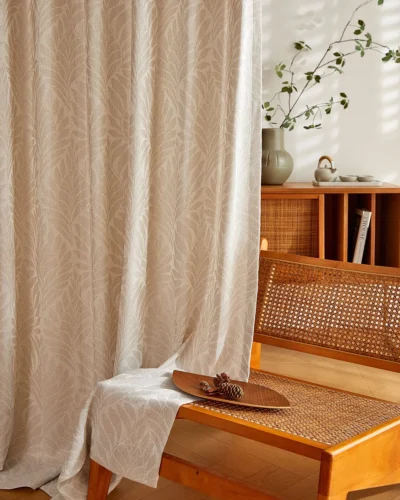 Apricot Grove Sheer Curtain in warm apricot sheer with leaf shadow weave