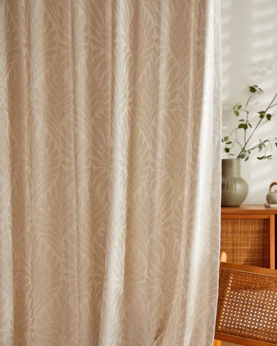 Apricot Grove Sheer Curtain in warm apricot tone, leaf shadow weave, light-filtering, S-curve ready
