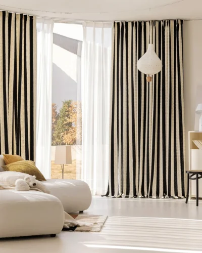 Whisper Stripe Curtain in a modern living room, textured stripe drapes with soft light filtering