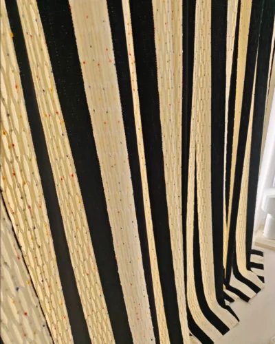 Confetti fringe texture curtain hem detail in black and cream, Whisper Stripe drapes