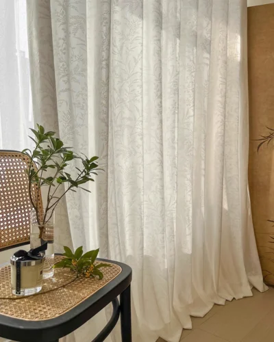 Ivory Botanica Jacquard Curtain fabric close-up (floral vine texture)