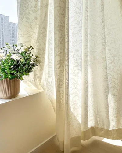 Ivory Botanica Jacquard Curtain by the window, light-filtering with subtle floral vine texture