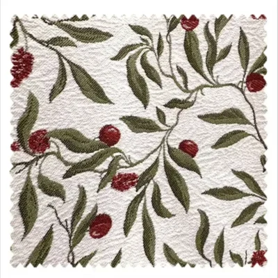 Cream jacquard fabric with olive leaves and burgundy berries