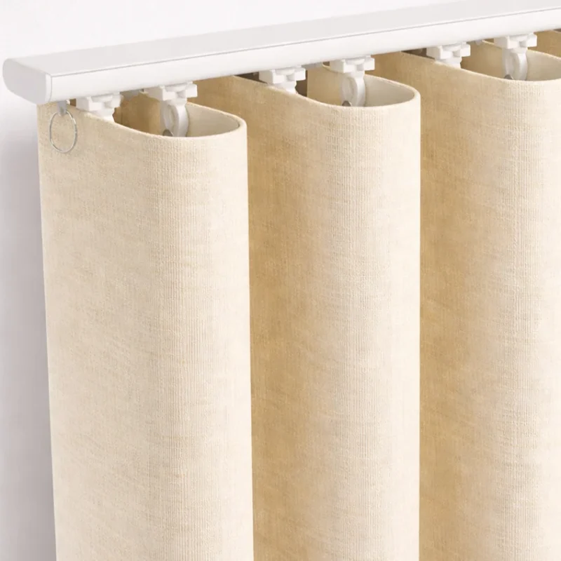 S-curve wave curtain with cream beige fabric on white ceiling track