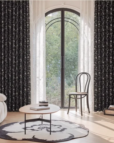 Midnight Rose jacquard curtains in Cocoa Bloom, black vintage floral living room