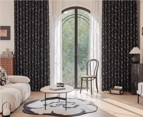 Midnight Rose jacquard curtains in Cocoa Bloom, black vintage floral living room