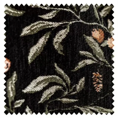 Nocturne Berry Jacquard Curtain fabric swatch, black botanical jacquard texture