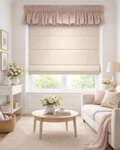 Tiny Tulip Jacquard Roman Shade in soft off-white with small blush tulip pattern, styled in a bright nursery window with a blue ruffle valance.