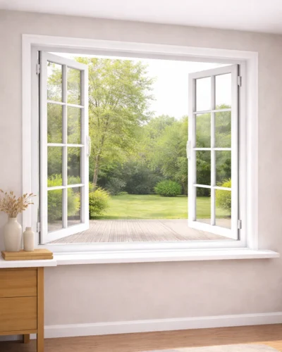 Outward-opening window with an inside mount roman shade installed in the window recess