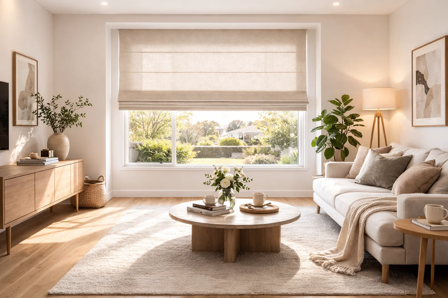 Roman shade in a bright Australian living room — light-filtering linen look