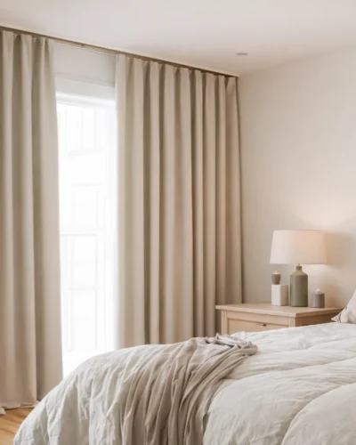 Beige wave fold curtains in a modern Australian bedroom, custom made