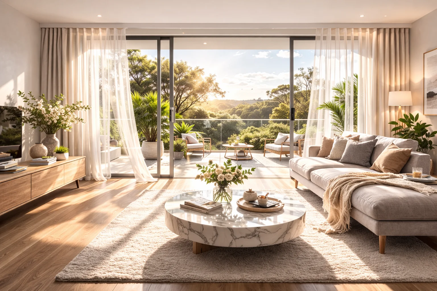 Custom curtains Australia in a bright living room (made to measure, AUD pricing)