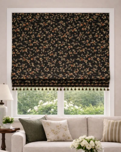 Nocturne Berry Jacquard Curtain, black botanical jacquard curtain fabric close-up