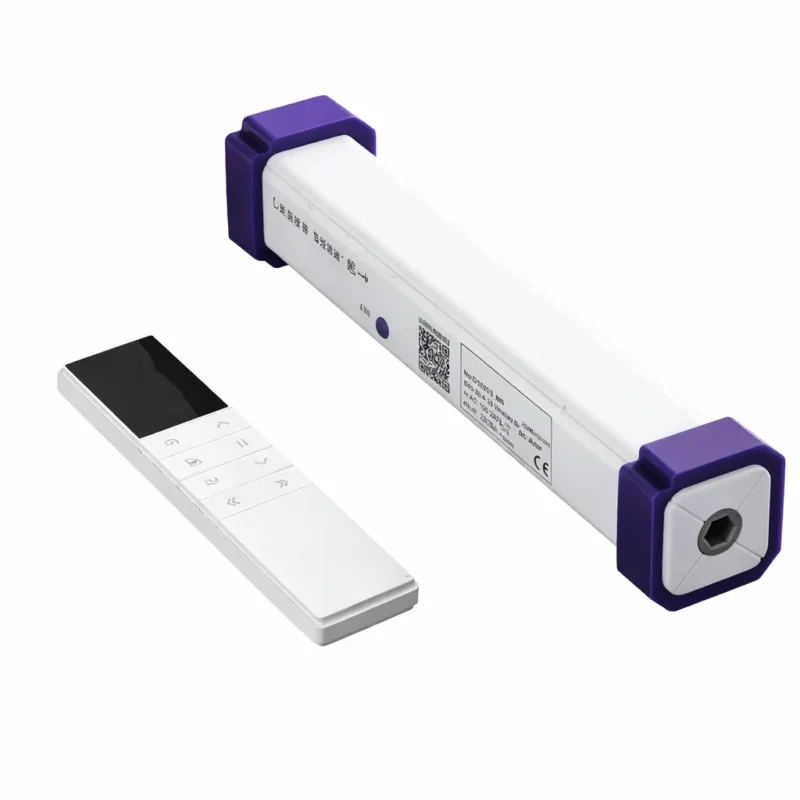 Wired motorised blind system with remote control, powered motor and smart control module on a wooden surface.