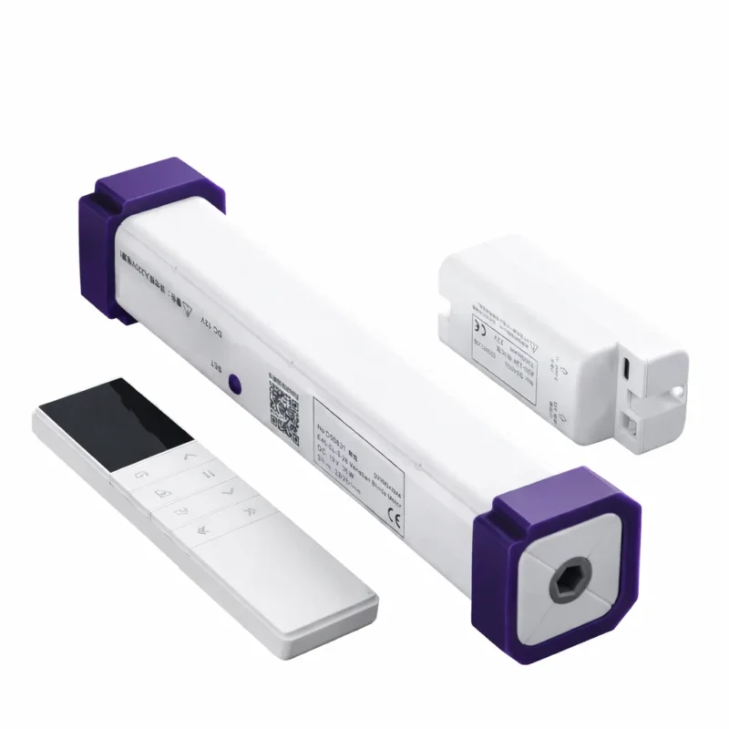 Rechargeable motorised blind system with remote control, charging motor and smart control module on a wooden surface.