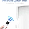 Motorized extendable curtain track with remote control, app control and installation accessories on white background