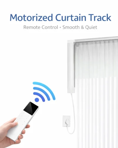 Motorized extendable curtain track with remote control, app control and installation accessories on white background