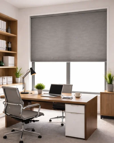 Grey blackout honeycomb blind in modern home office with city view window