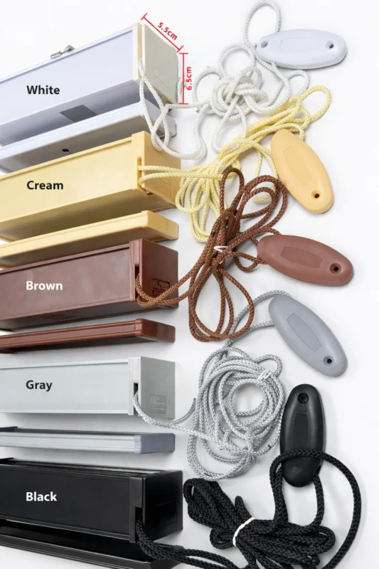 Wood blind headrail colour chart with matching pull cords and tassels in white, cream, brown, grey and black.