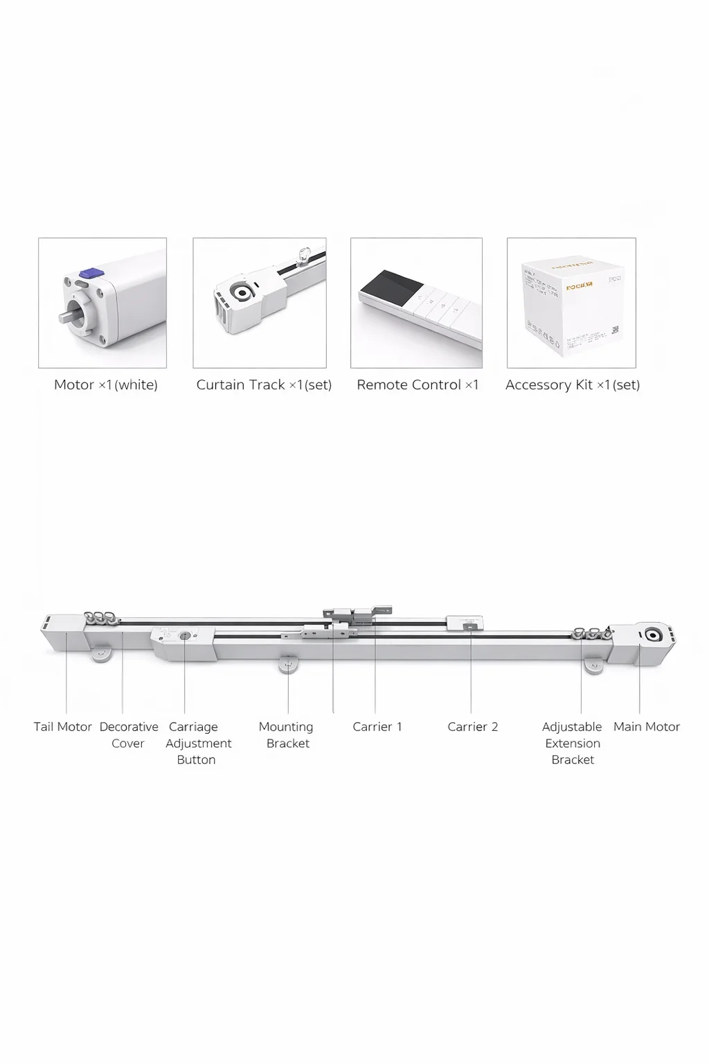 Motorized curtain track accessories set with motor, remote, connector and mounting parts