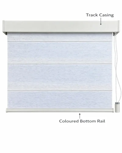 Floating Vane Shangri-La blind showing track casing and coloured bottom rail