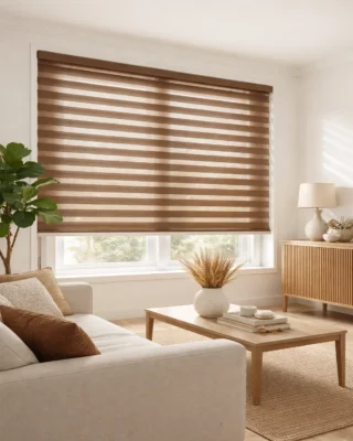 Brown Shangri-La Blind in modern living room with soft light filtering
