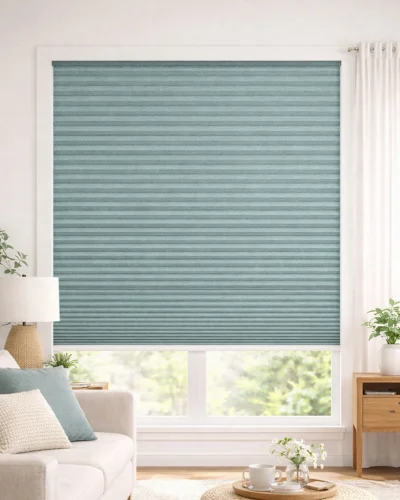 Fine texture semi-blackout honeycomb blind in soft blue-green shown in a bright modern living room window