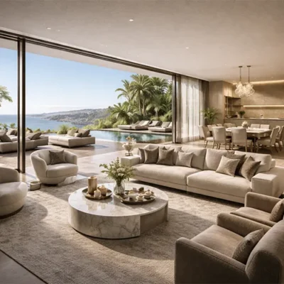 Modern luxury villa exterior view with large glass windows, landscaped garden, and swimming pool at dusk