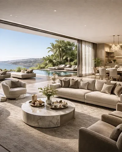 Modern luxury villa exterior view with large glass windows, landscaped garden, and swimming pool at dusk