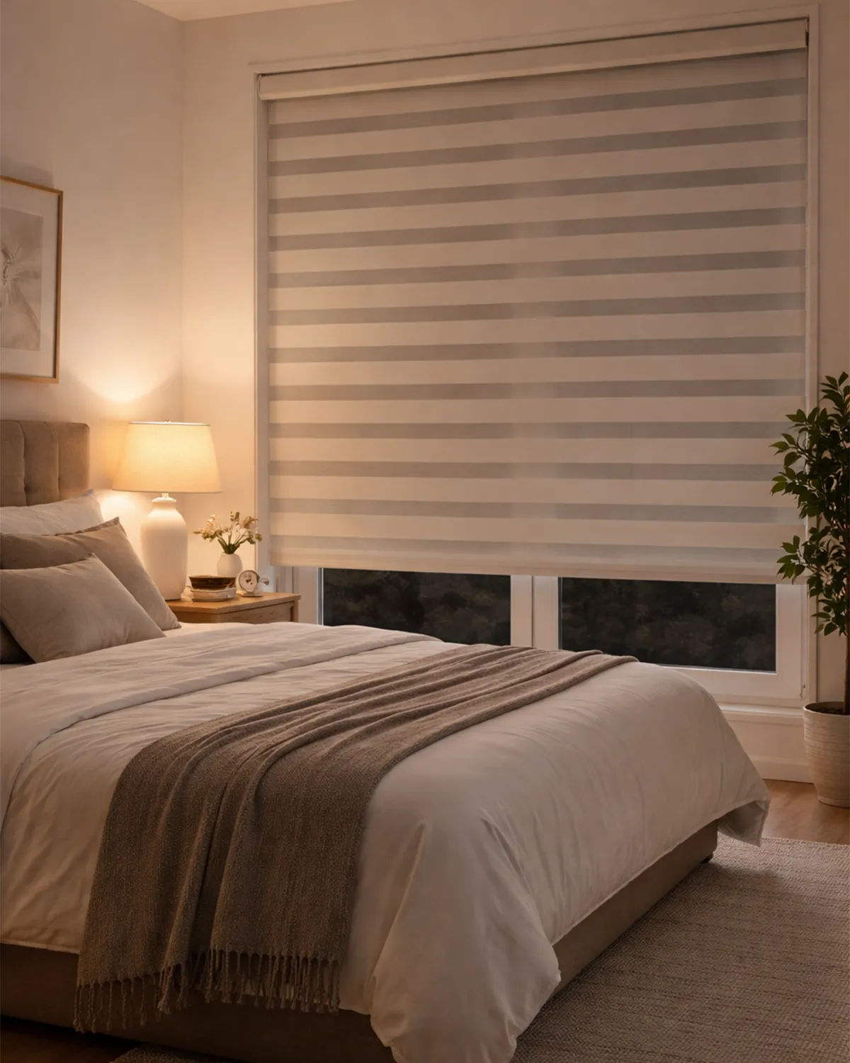 Blackout Waterproof Shangri-La Blind in a cozy bedroom at night