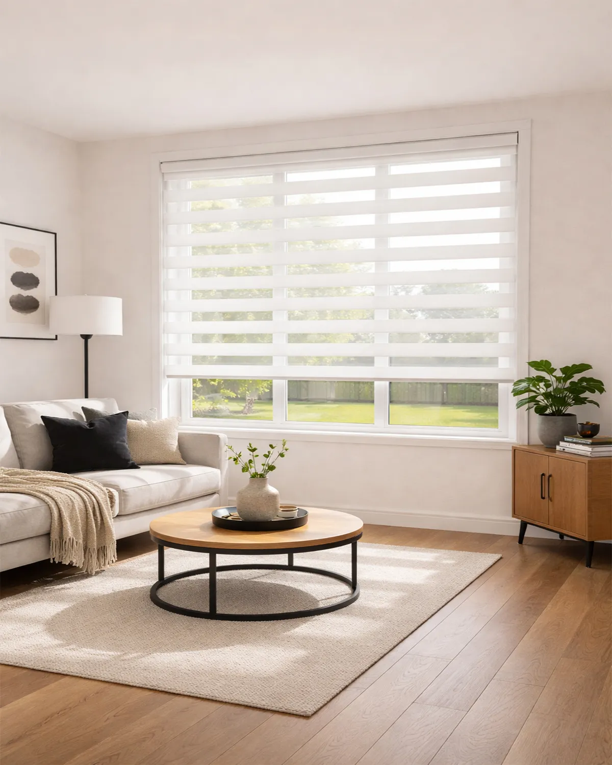 White zebra blind in modern living room with soft light filtering and privacy