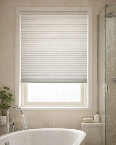 Semi-Blackout Waterproof Honeycomb Blind in a modern bathroom window