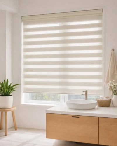 Blackout Waterproof Shangri-La Blind in a modern bathroom interior