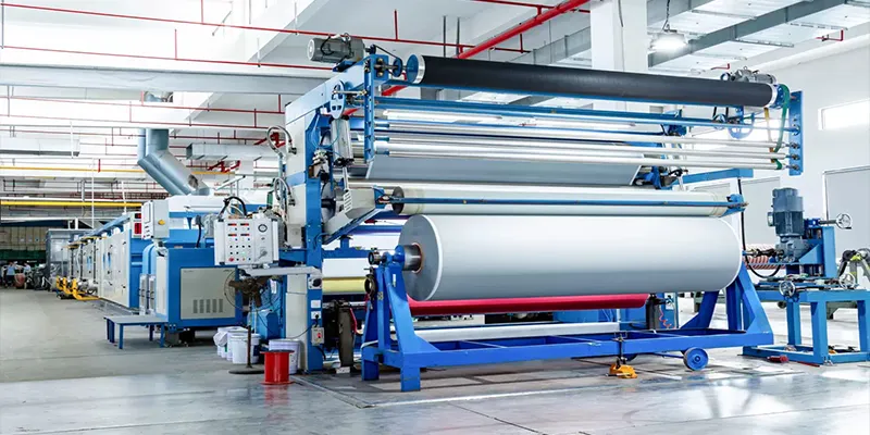 Curtain sewing machine processing fabric in a custom curtain factory