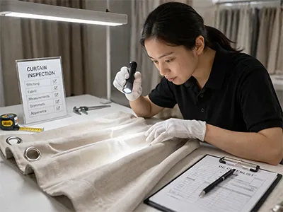 Asian man inspecting beige curtain fabric with a magnifying glass in a bright workshop