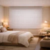 Custom Blackout Shangri-La Blind in a warm modern bedroom with privacy and room darkening effect
