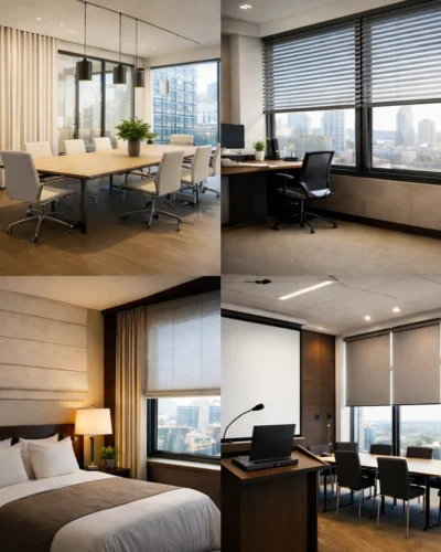 Commercial window treatment collage featuring curtains, venetian blinds, Roman shades, and roller blinds in modern interiors