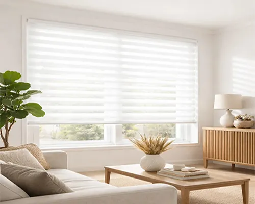 Shangri-La blind production for soft daylight, privacy, and elegant layered window design.