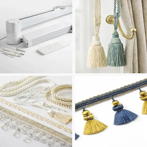 Collage of curtain accessories including motorized curtain track, decorative tiebacks, trims, cords and tassel fringe details