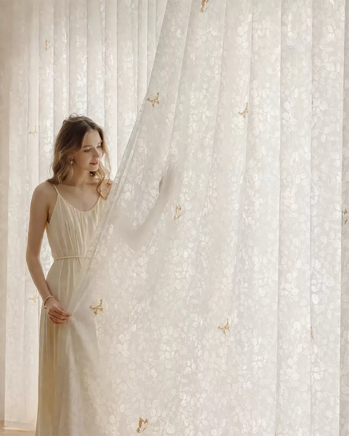 Butterfly Veil Sheer Curtain with soft floral texture and delicate butterfly embroidery in an elegant interior scene
