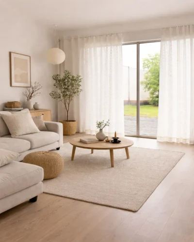Ivory Grid Sheer Curtain in a soft neutral living room with airy light-filtering texture and S-curve drape
