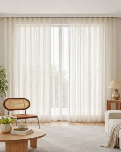 Willow Lace Sheer Curtain in a bright living room with soft light and elegant S-curve drape